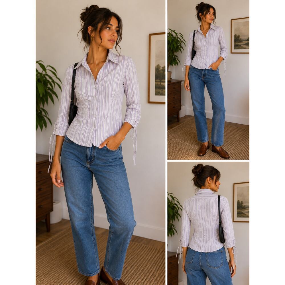 DCC Petite Lavender Stripe Zip Front Ruched Sleeve Blouse Women PM Y2K